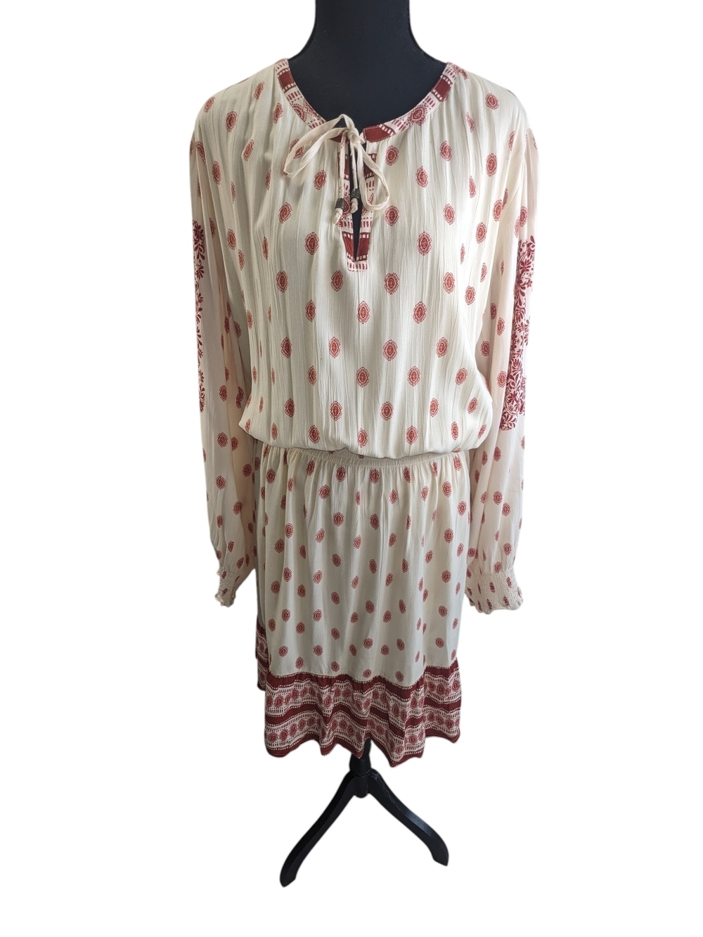 Fat Face Cream and Rust Devin Bandana Boho Tie-Neck Long-Sleeve Dress Size 20